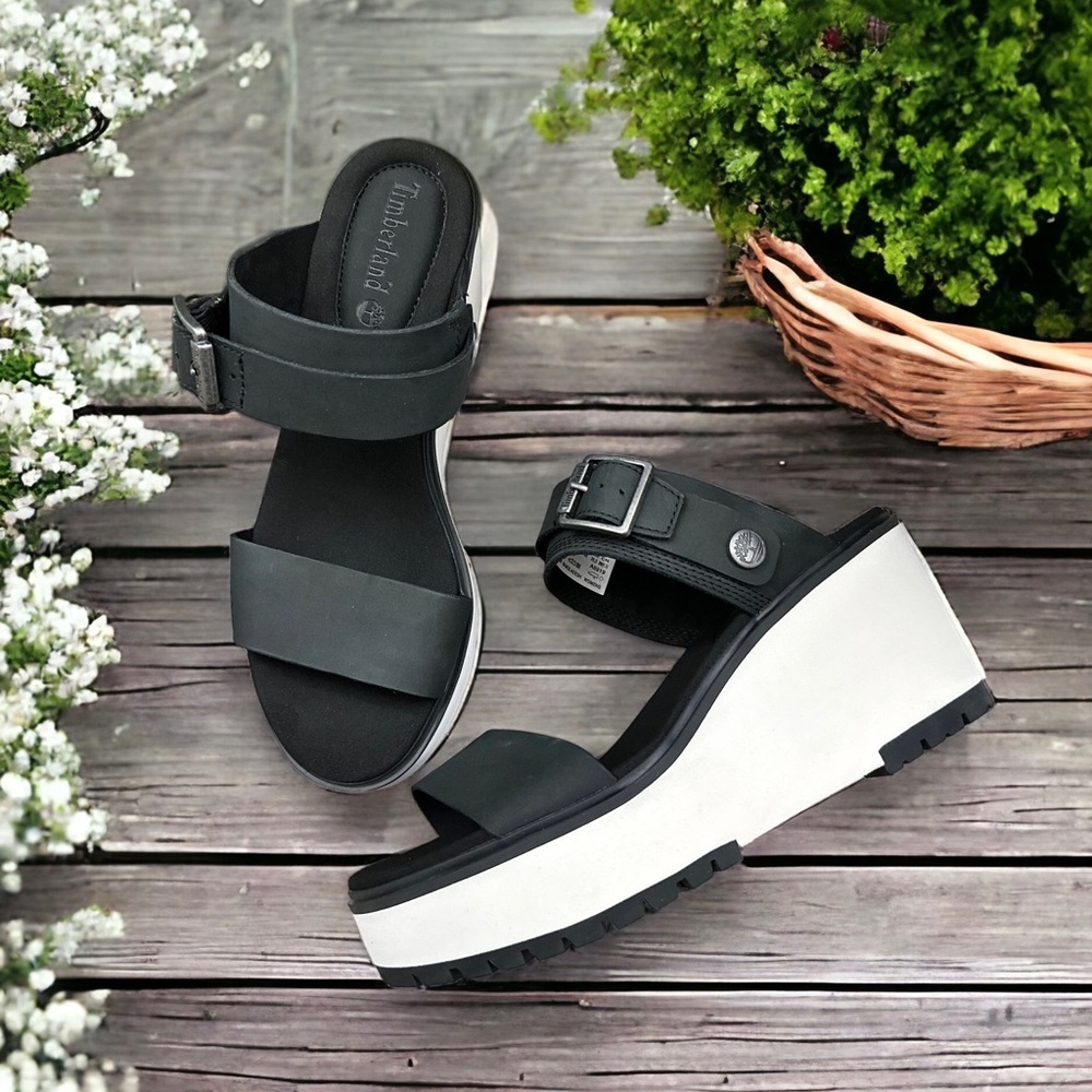 NIB Timberland Koralyn 2 Band Wedge Black Nubuck Slingback Sandal 9M 40